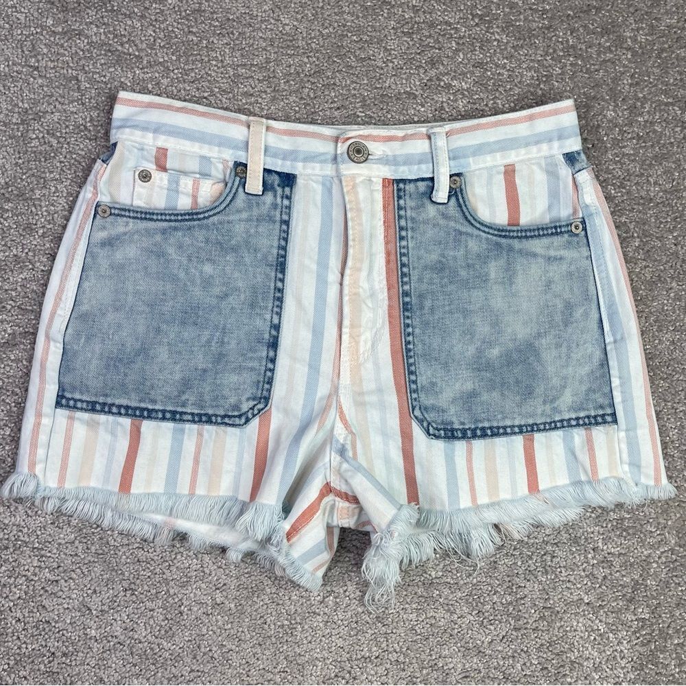 American Eagle Mom Shorts Women's 4 Striped Cut Off Frayed High Rise Shortie